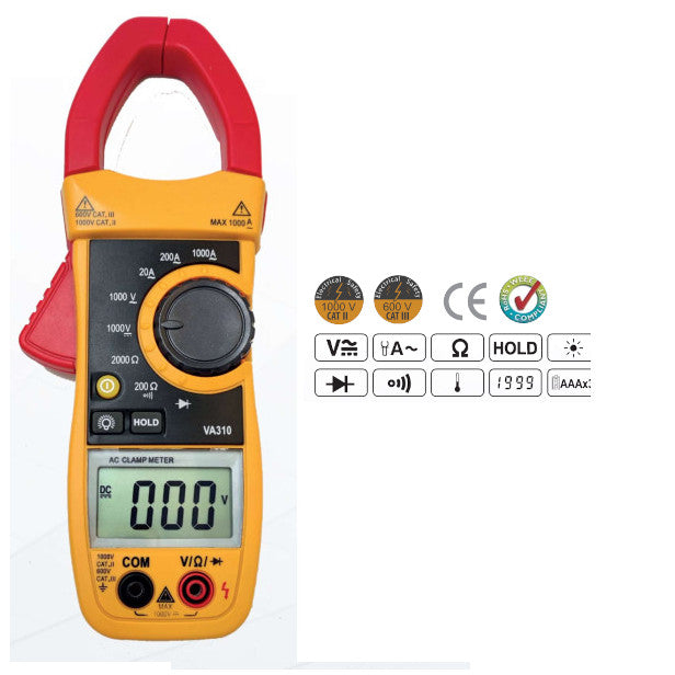 VA310, 1000Amp AC Clamp-On Meter, For Average RMS, Ranges 1000VDC/750VAC/1000 Amp AC/2 kOhm/200uF, MANUAL RANGING VA310, 1000Amp AC Clamp-On Meter, For Average RMS, Ranges 1000VDC/750VAC/1000 Amp AC/2 kOhm/200uF, MANUAL RANGING